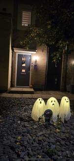 A lots of ‘miserable’ bats on the tree. Also 3 ghosts light up the tree. The little witch swing in front of the door. A little pumpkin display near the door. 